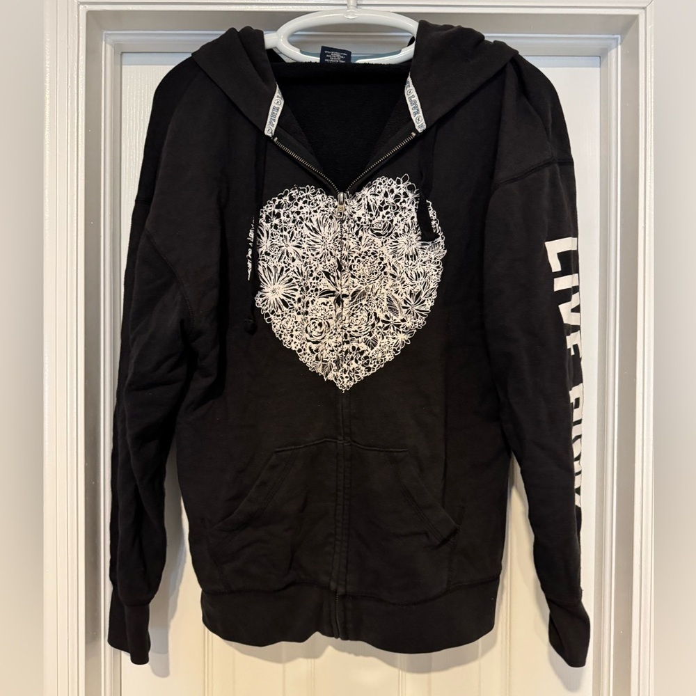 PINK Love‎ Oversized Black Hoodie with White Heart Design size XS